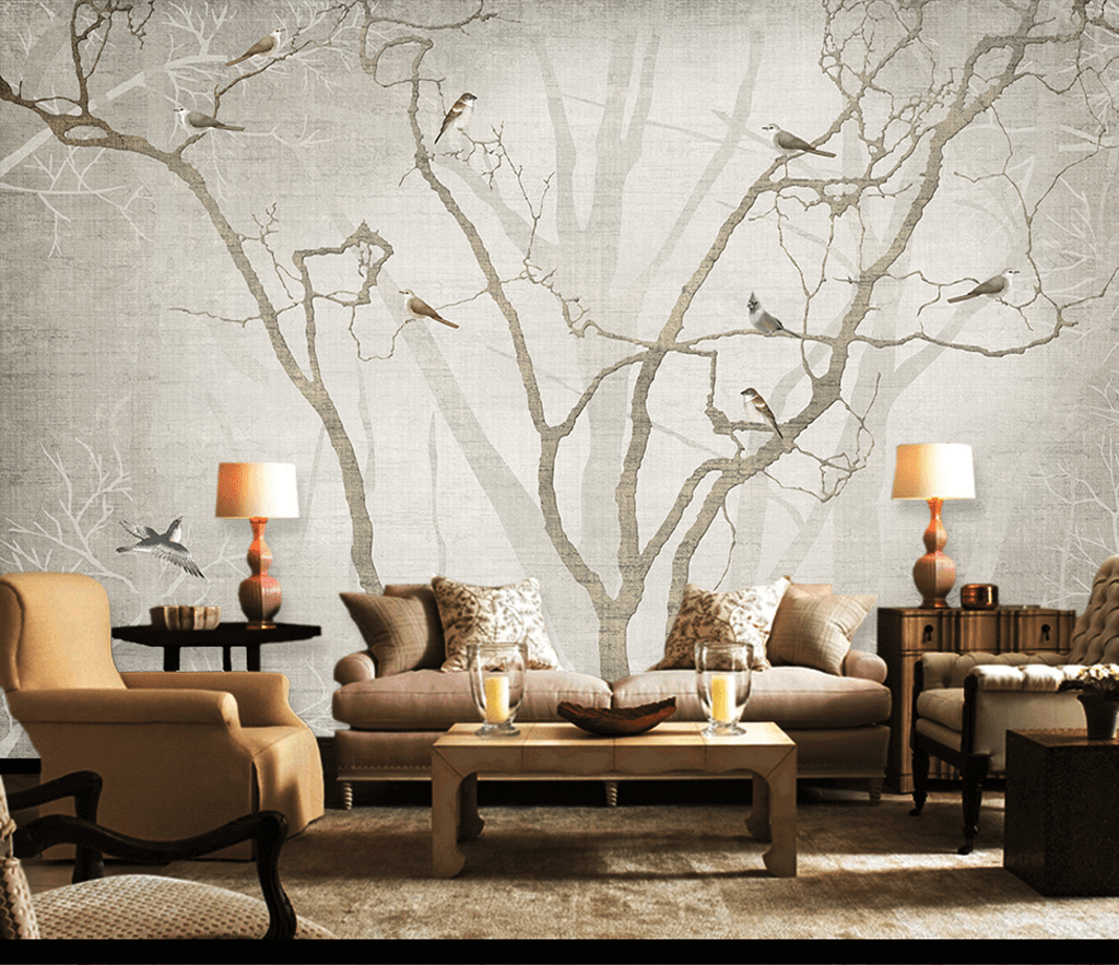 Birds on Tree Trunks Wallpaper Mural