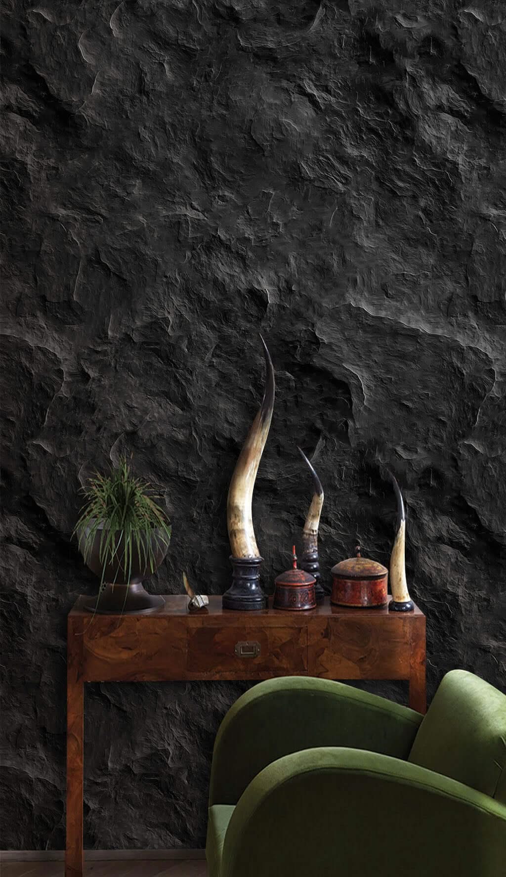Black Grooved Stone Wallpaper Mural