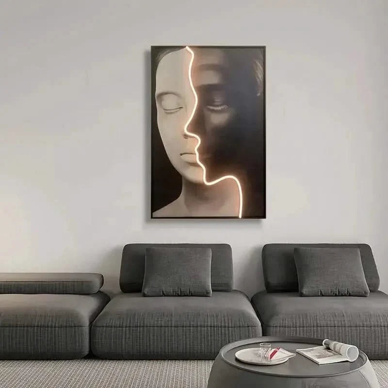 Black & White Neon LED Faces Wall Art – Minimalist Modern Light