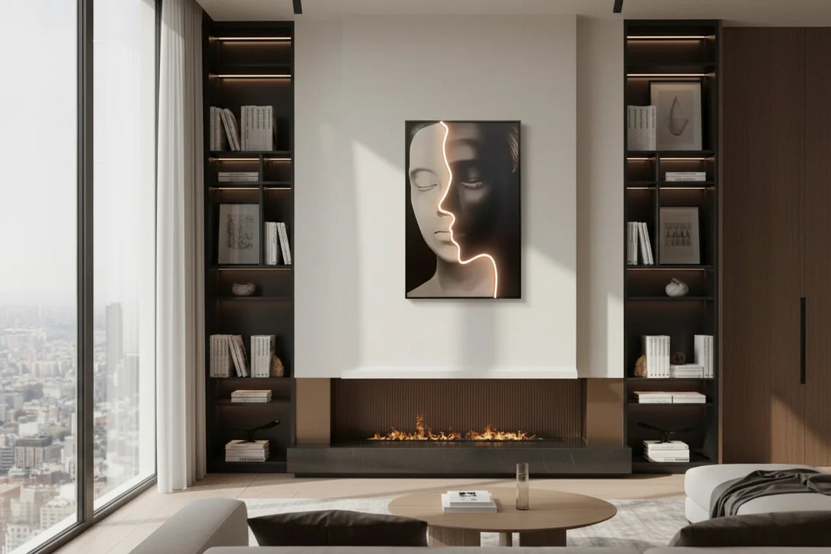 Black & White Neon LED Faces Wall Art – Minimalist Modern Light