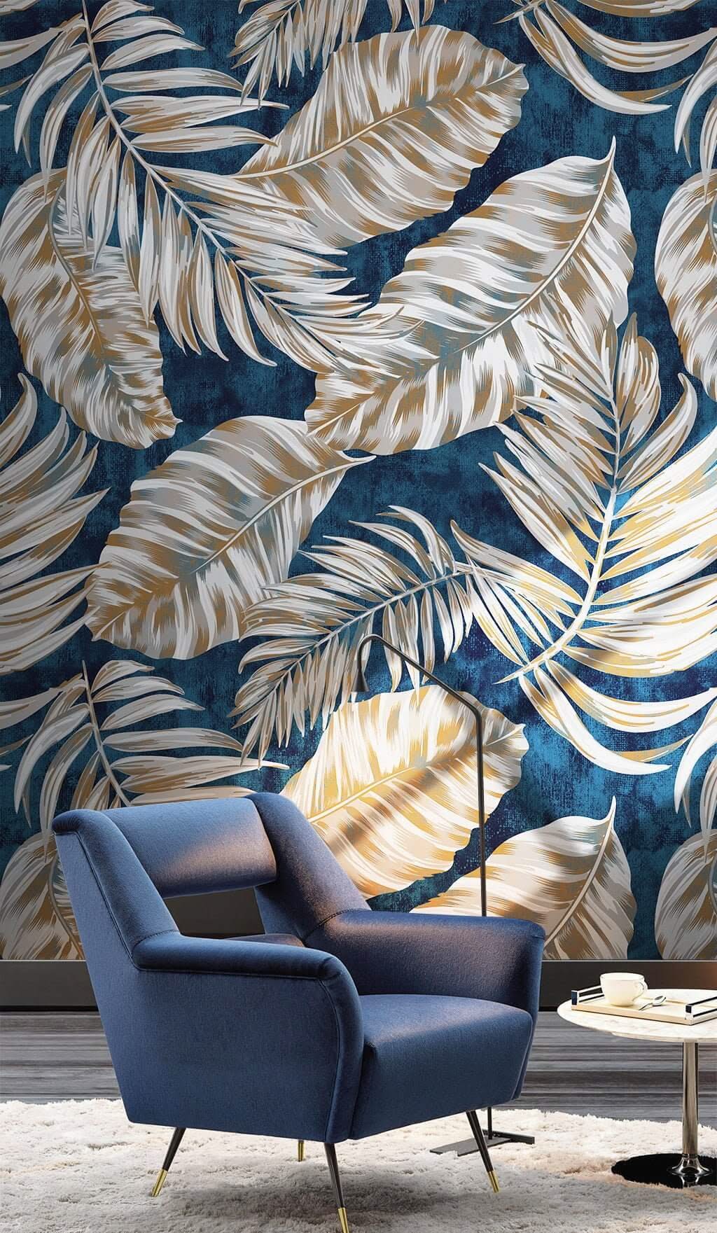 Blue Blushing Leaves Pattern Wallpaper Mural