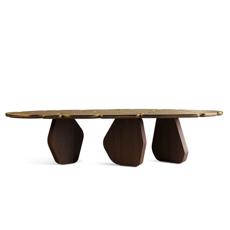 Brass Walnut Wood Designer Dining Table – Handcrafted, Multiple Sizes