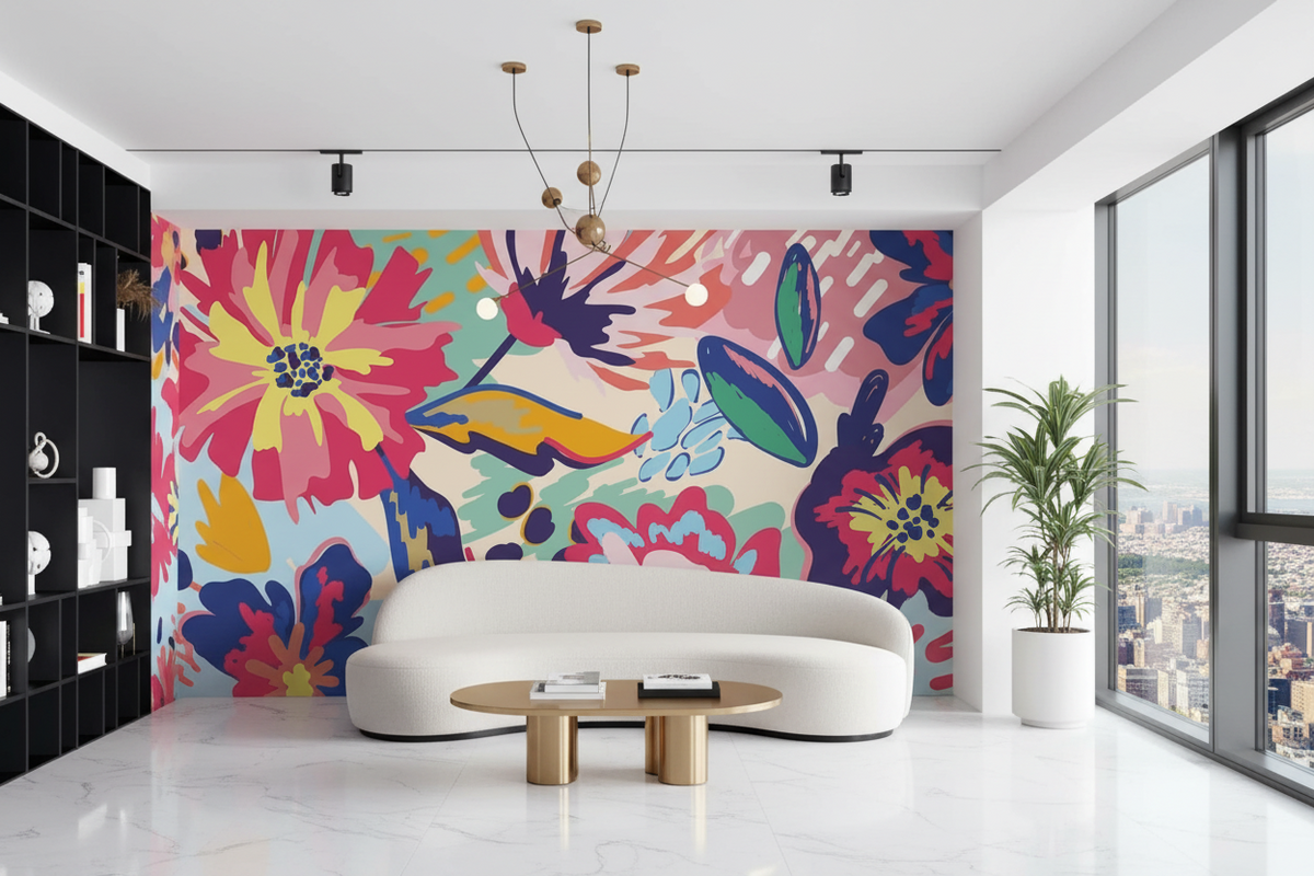 Bright Blossom Flowers: Living Room Wallpaper Mural