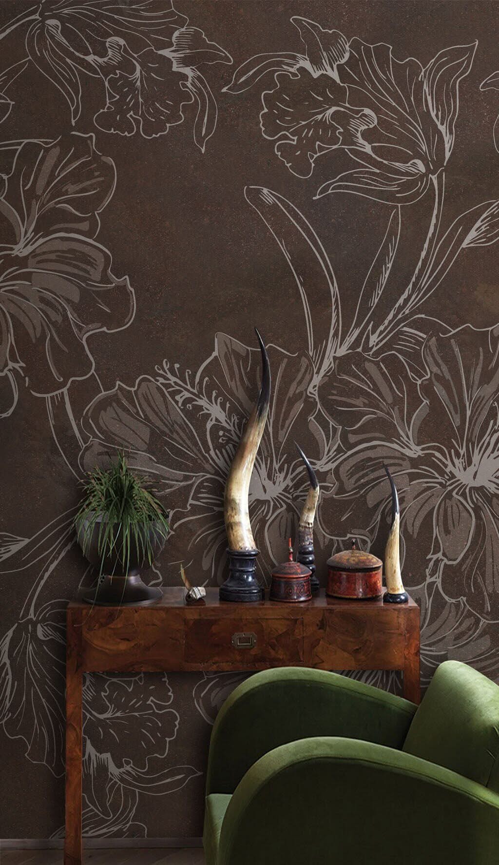 Brown Floral Sketch Wallpaper Mural
