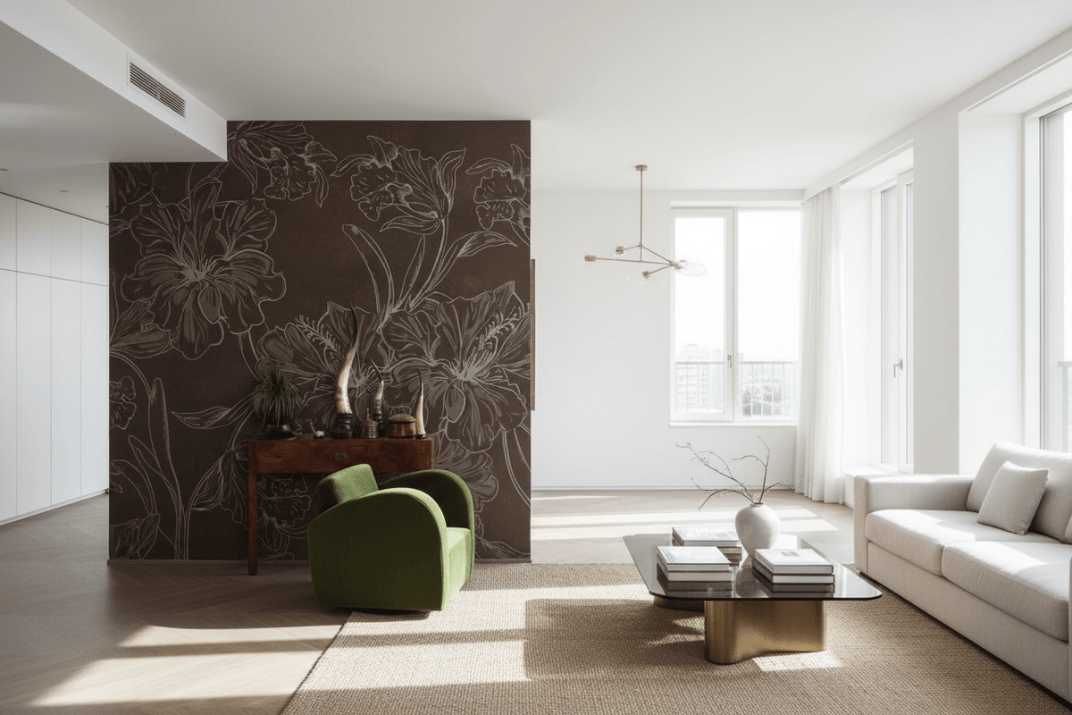 Brown Floral Sketch Wallpaper Mural
