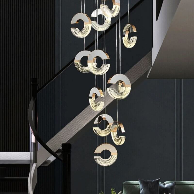 C-Shaped Crystal Staircase Chandelier – Aluminium & Iron LED Pendant, 1 to 21 Heads, 3 Colour Modes
