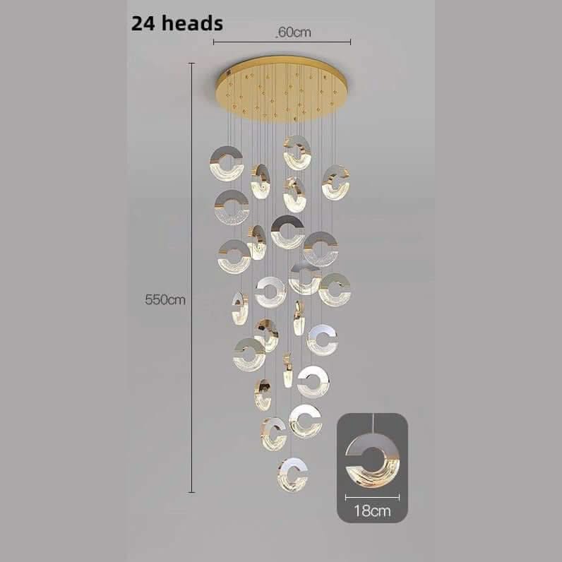 C-Shaped Crystal Staircase Chandelier – Aluminium & Iron LED Pendant, 1 to 21 Heads, 3 Colour Modes