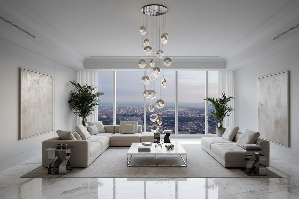 C-Shaped Crystal Staircase Chandelier – Aluminium & Iron LED Pendant, 1 to 21 Heads, 3 Colour Modes