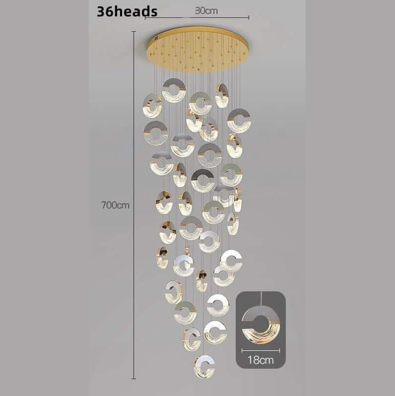C-Shaped Crystal Staircase Chandelier – Aluminium & Iron LED Pendant, 1 to 21 Heads, 3 Colour Modes