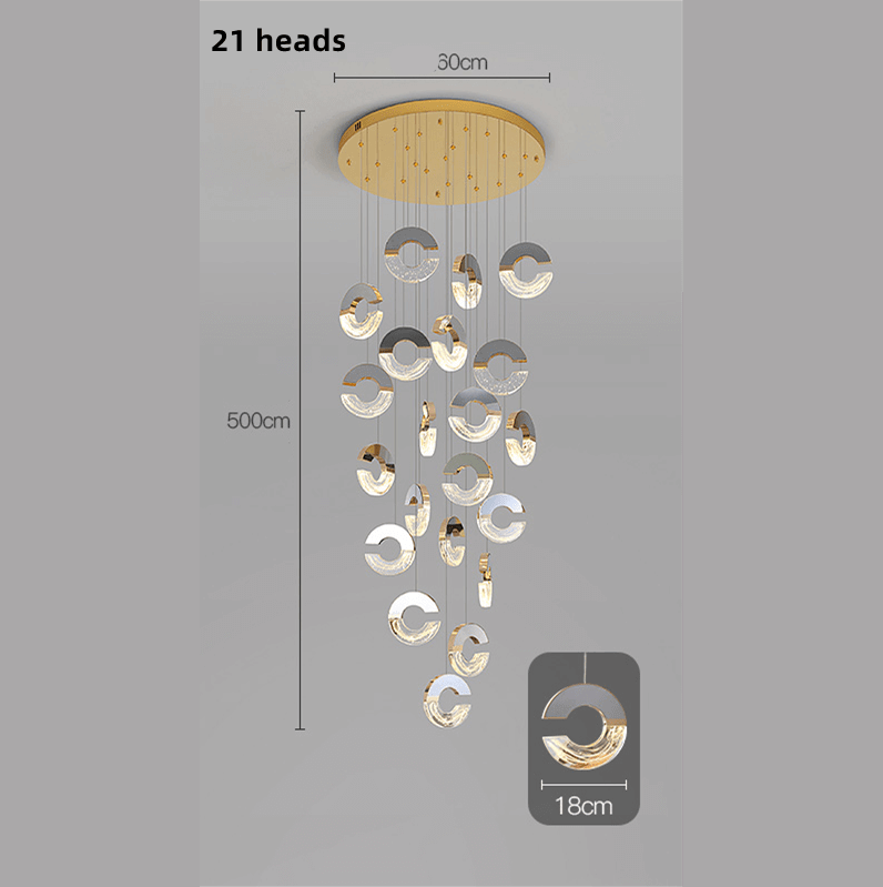 C-Shaped Crystal Staircase Chandelier – Aluminium & Iron LED Pendant, 1 to 21 Heads, 3 Colour Modes