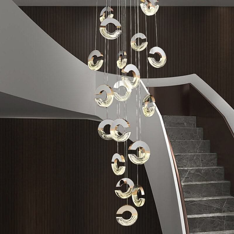 C-Shaped Crystal Staircase Chandelier – Aluminium & Iron LED Pendant, 1 to 21 Heads, 3 Colour Modes