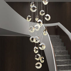 C-Shaped Crystal Staircase Chandelier – Aluminium & Iron LED Pendant, 1 to 21 Heads, 3 Colour Modes