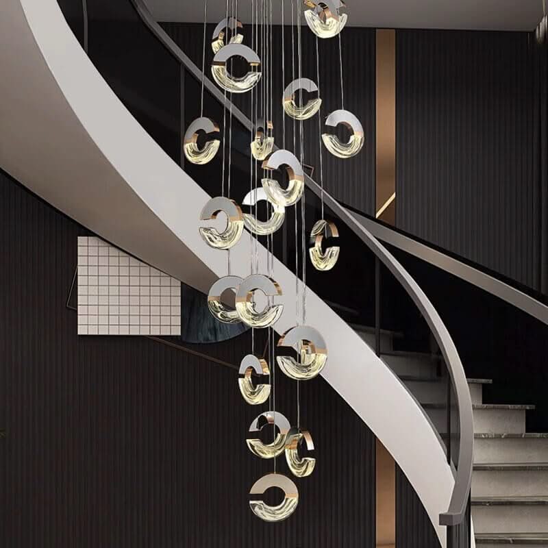C-Shaped Crystal Staircase Chandelier – Aluminium & Iron LED Pendant, 1 to 21 Heads, 3 Colour Modes