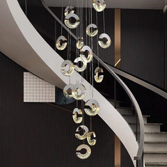 C-Shaped Crystal Staircase Chandelier – Aluminium & Iron LED Pendant, 1 to 21 Heads, 3 Colour Modes