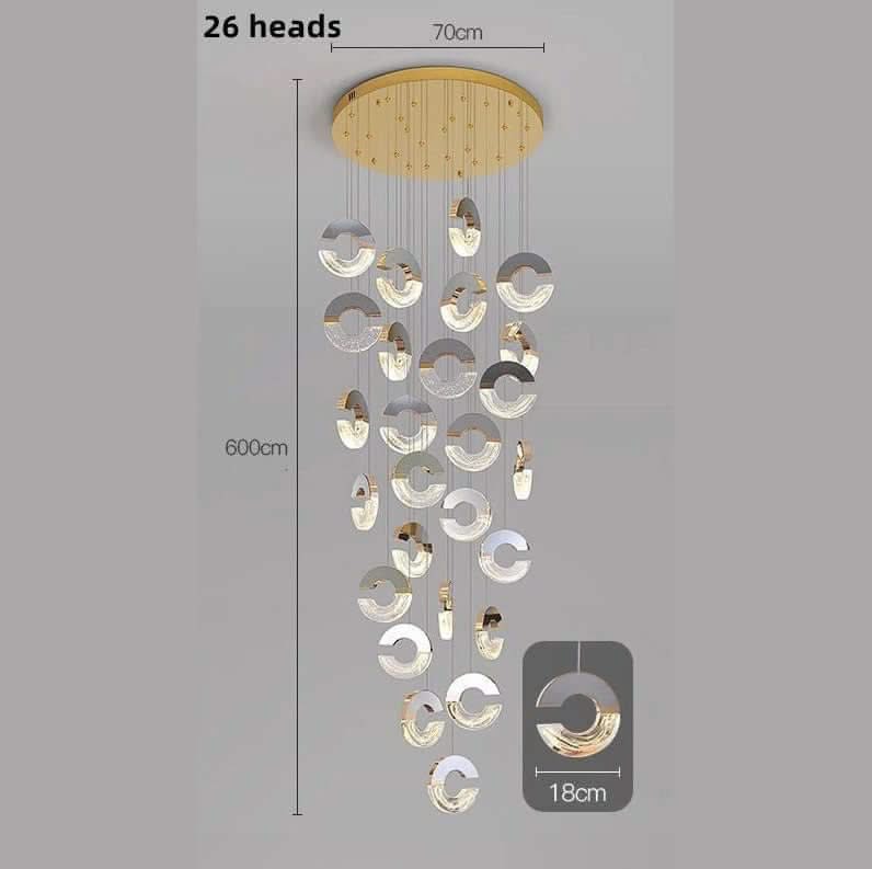 C-Shaped Crystal Staircase Chandelier – Aluminium & Iron LED Pendant, 1 to 21 Heads, 3 Colour Modes
