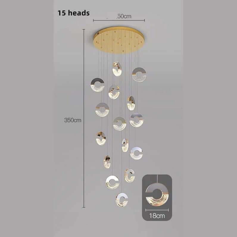 C-Shaped Crystal Staircase Chandelier – Aluminium & Iron LED Pendant, 1 to 21 Heads, 3 Colour Modes