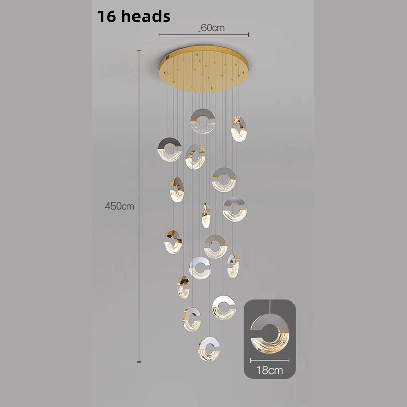 C-Shaped Crystal Staircase Chandelier – Aluminium & Iron LED Pendant, 1 to 21 Heads, 3 Colour Modes
