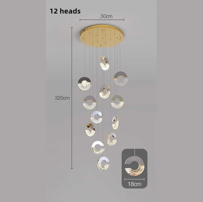 C-Shaped Crystal Staircase Chandelier – Aluminium & Iron LED Pendant, 1 to 21 Heads, 3 Colour Modes