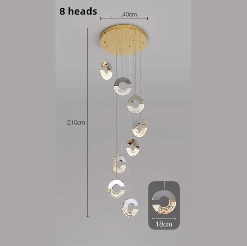 C-Shaped Crystal Staircase Chandelier – Aluminium & Iron LED Pendant, 1 to 21 Heads, 3 Colour Modes