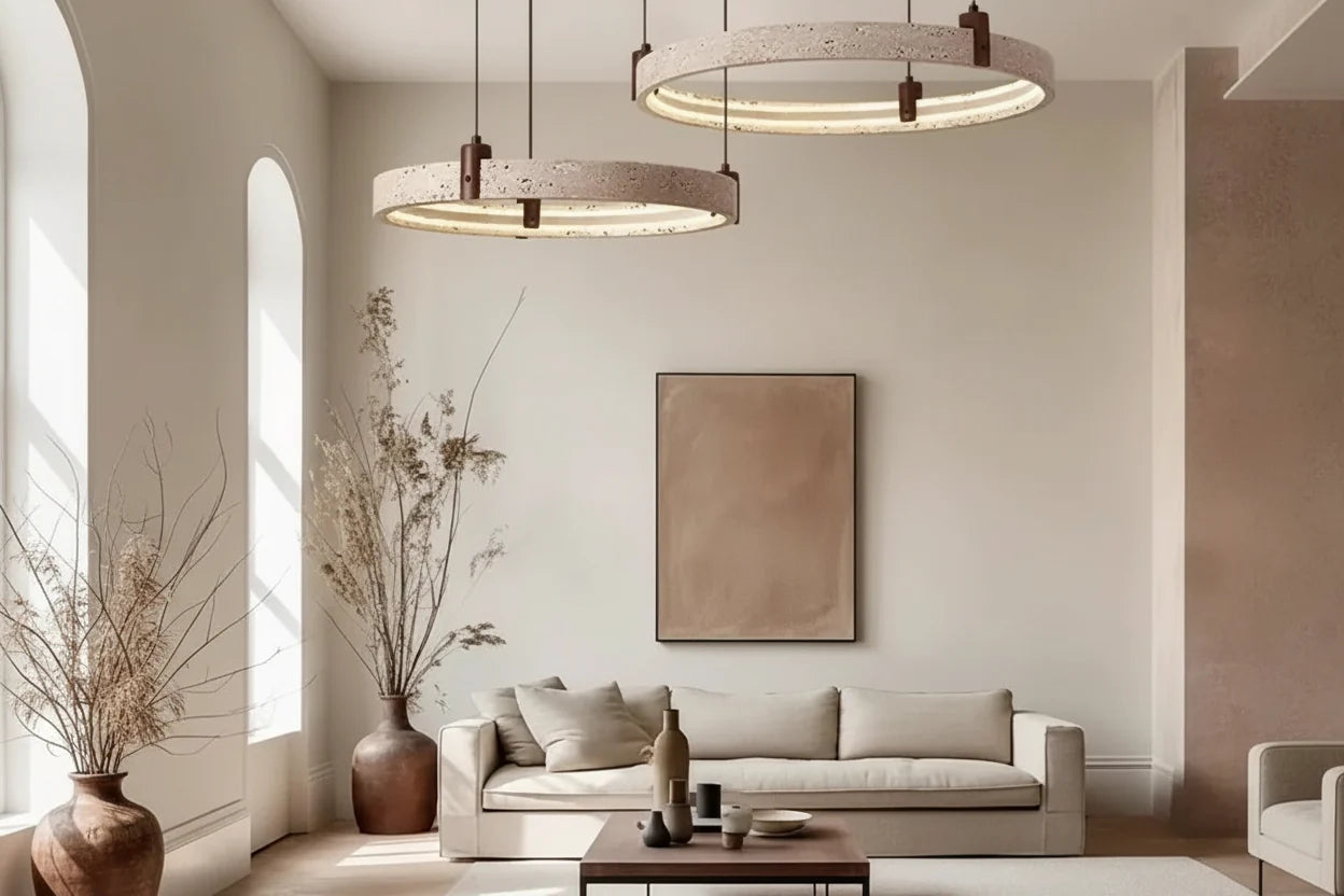 Cave Stone Ring Pendant Chandelier – Polished Steel & Yellow Stone, Warm LED, 1-Year Warranty