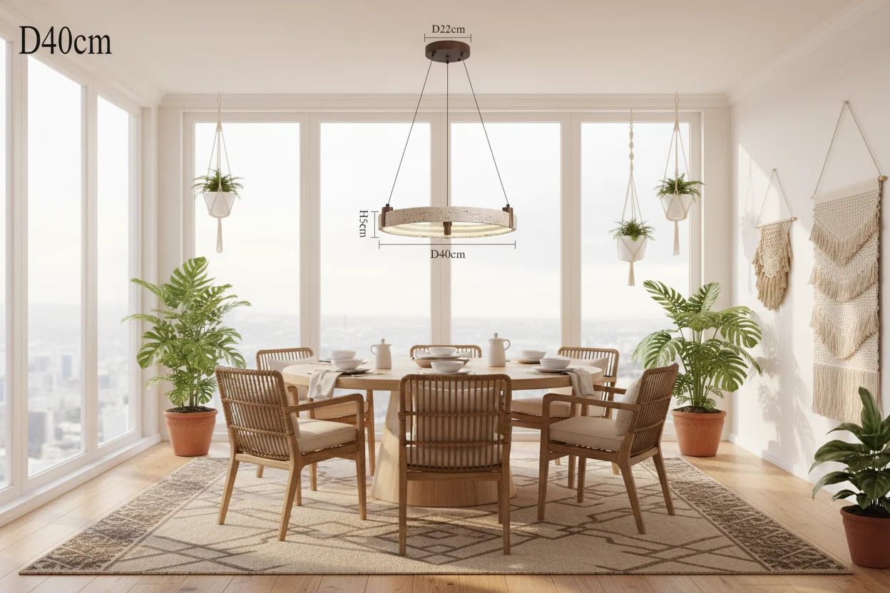 Cave Stone Ring Pendant Chandelier – Polished Steel & Yellow Stone, Warm LED, 1-Year Warranty