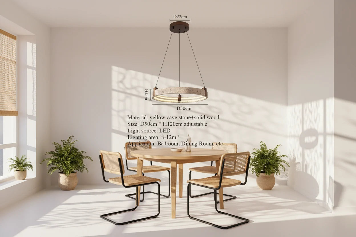 Cave Stone Ring Pendant Chandelier – Polished Steel & Yellow Stone, Warm LED, 1-Year Warranty