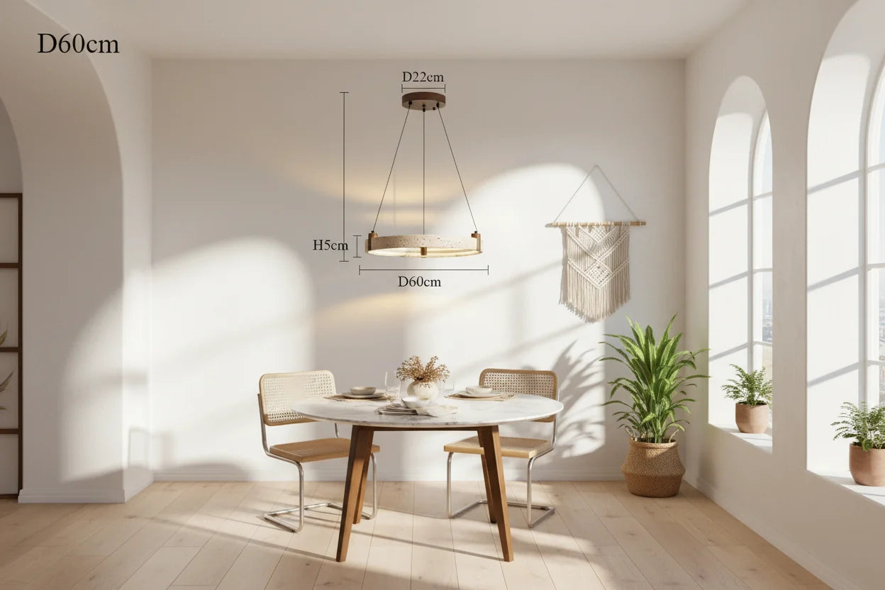 Cave Stone Ring Pendant Chandelier – Polished Steel & Yellow Stone, Warm LED, 1-Year Warranty