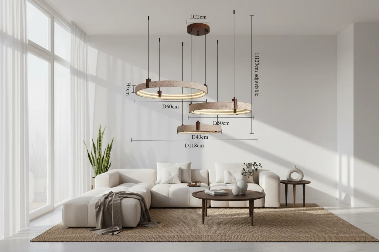 Cave Stone Ring Pendant Chandelier – Polished Steel & Yellow Stone, Warm LED, 1-Year Warranty
