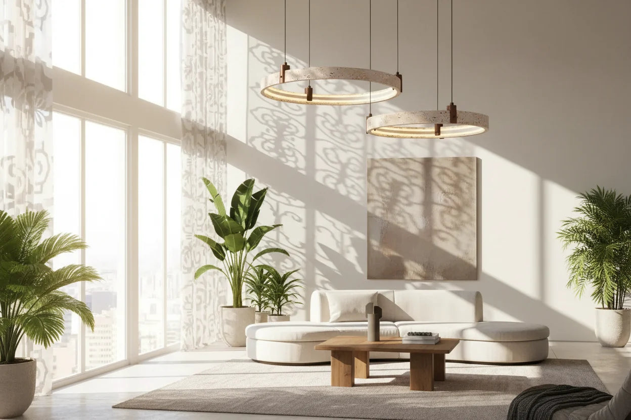 Cave Stone Ring Pendant Chandelier – Polished Steel & Yellow Stone, Warm LED, 1-Year Warranty