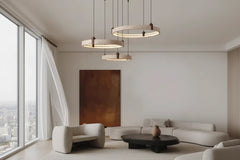 Cave Stone Ring Pendant Chandelier – Polished Steel & Yellow Stone, Warm LED, 1-Year Warranty