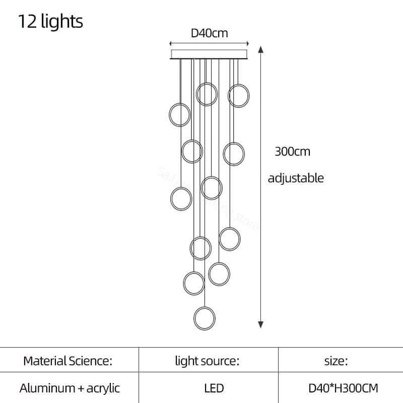 Circle Mingle LED Staircase Chandelier – Gold or Black, 3 to 25 Lights, Warm & Cool White