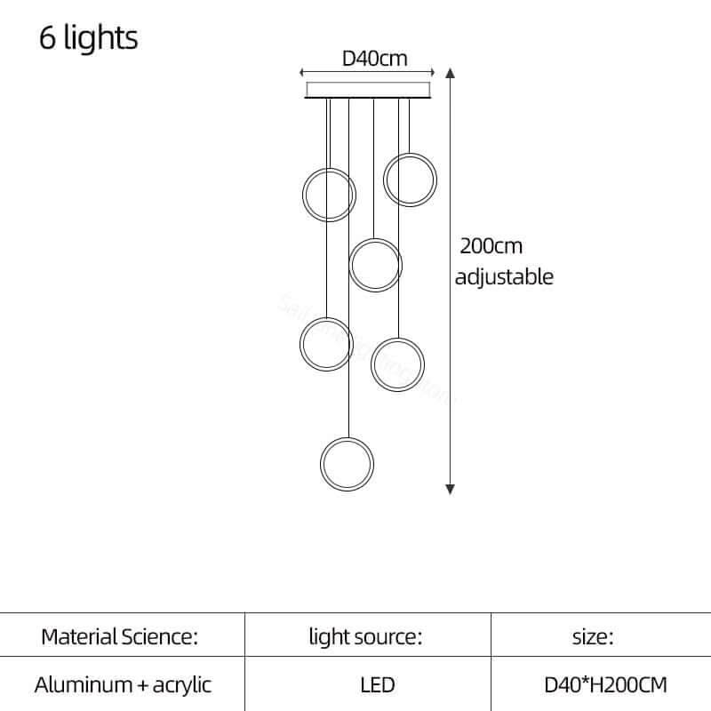 Circle Mingle LED Staircase Chandelier – Gold or Black, 3 to 25 Lights, Warm & Cool White