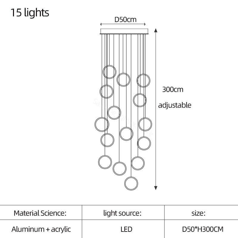 Circle Mingle LED Staircase Chandelier – Gold or Black, 3 to 25 Lights, Warm & Cool White
