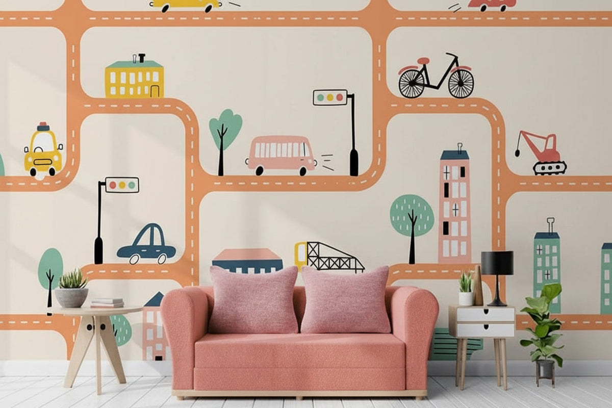 City Roads Car Tracks Nursery Wallpaper