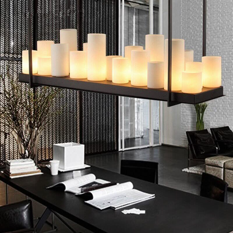 Country-Style Rustic Candles Frame LED Chandelier – Glass & Marble, Linear & Round