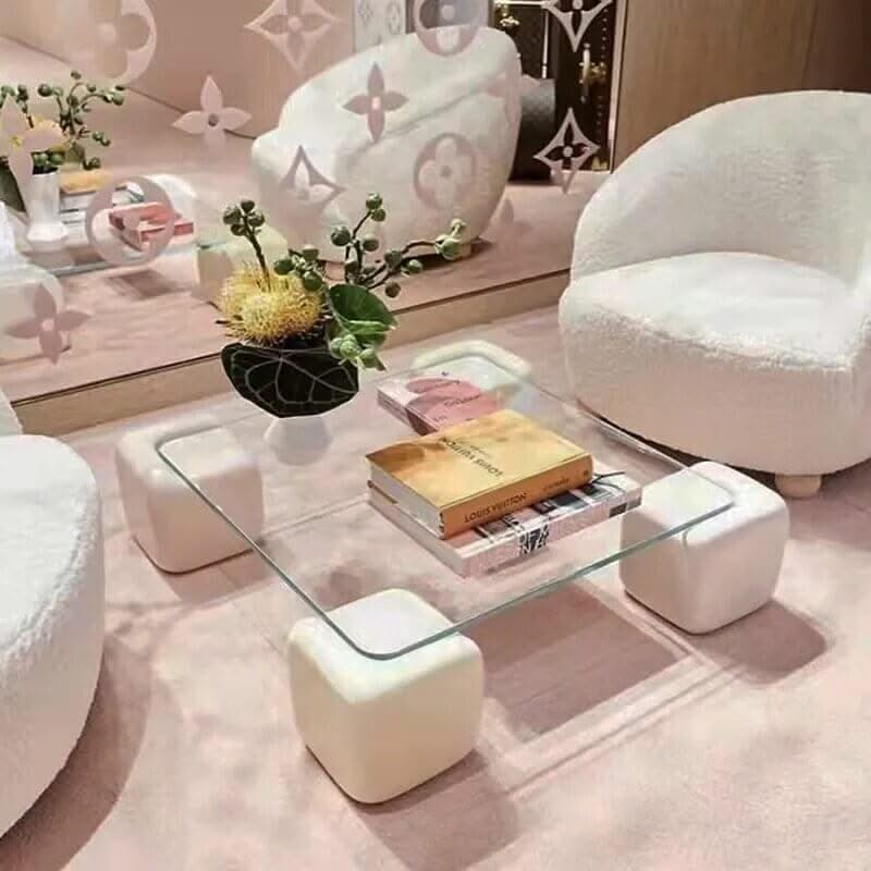 Crystal Clear Pine Wood Square Coffee Table – Toughened Glass Top, 80x80cm, Artistic