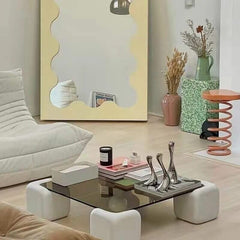 Crystal Clear Pine Wood Square Coffee Table – Toughened Glass Top, 80x80cm, Artistic