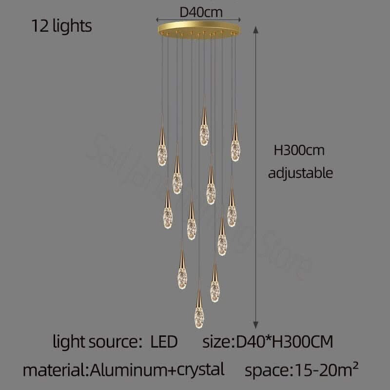 Crystal Cones Staircase Chandelier – Luxurious LED Pendant, 3 to 25 Heads, Warm, Cool & Dimmable