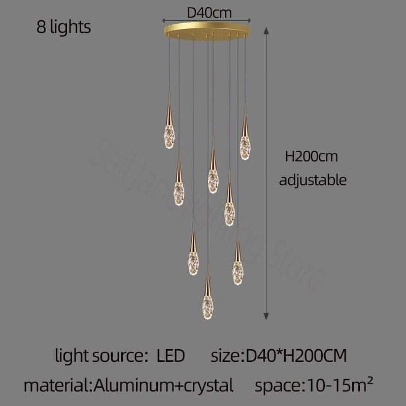 Crystal Cones Staircase Chandelier – Luxurious LED Pendant, 3 to 25 Heads, Warm, Cool & Dimmable
