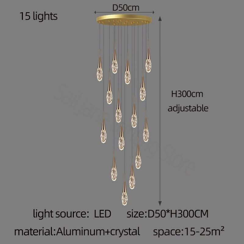 Crystal Cones Staircase Chandelier – Luxurious LED Pendant, 3 to 25 Heads, Warm, Cool & Dimmable