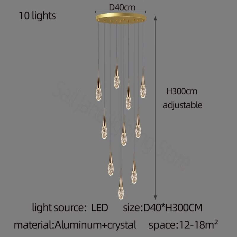 Crystal Cones Staircase Chandelier – Luxurious LED Pendant, 3 to 25 Heads, Warm, Cool & Dimmable