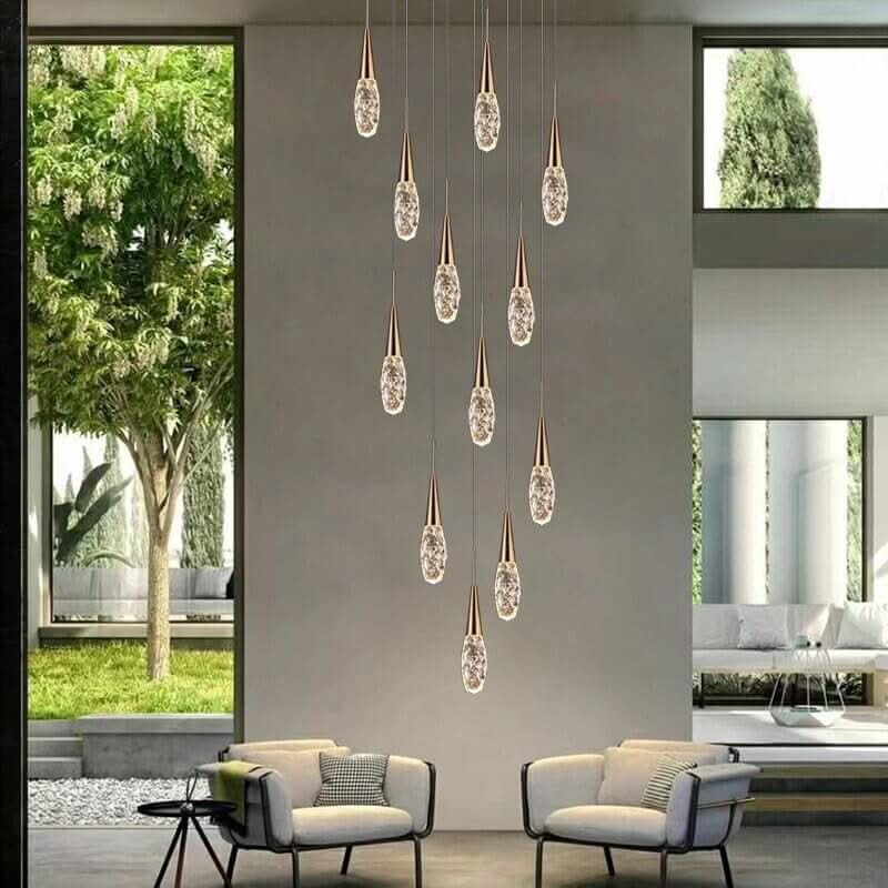 Crystal Cones Staircase Chandelier – Luxurious LED Pendant, 3 to 25 Heads, Warm, Cool & Dimmable