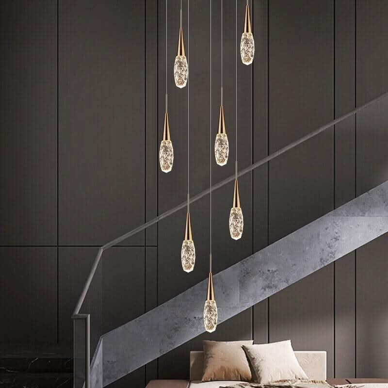 Crystal Cones Staircase Chandelier – Luxurious LED Pendant, 3 to 25 Heads, Warm, Cool & Dimmable