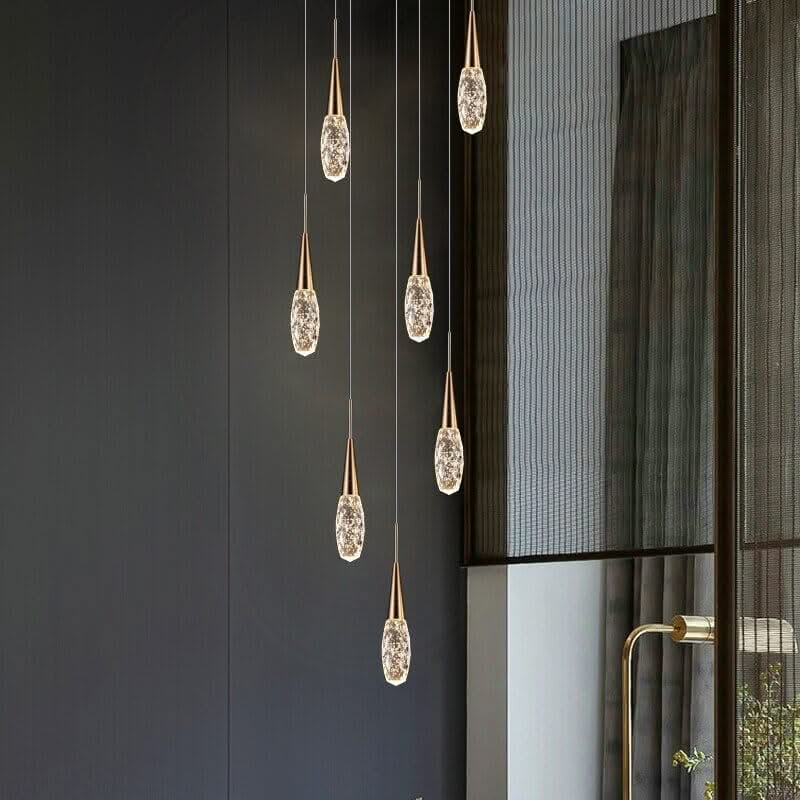 Crystal Cones Staircase Chandelier – Luxurious LED Pendant, 3 to 25 Heads, Warm, Cool & Dimmable