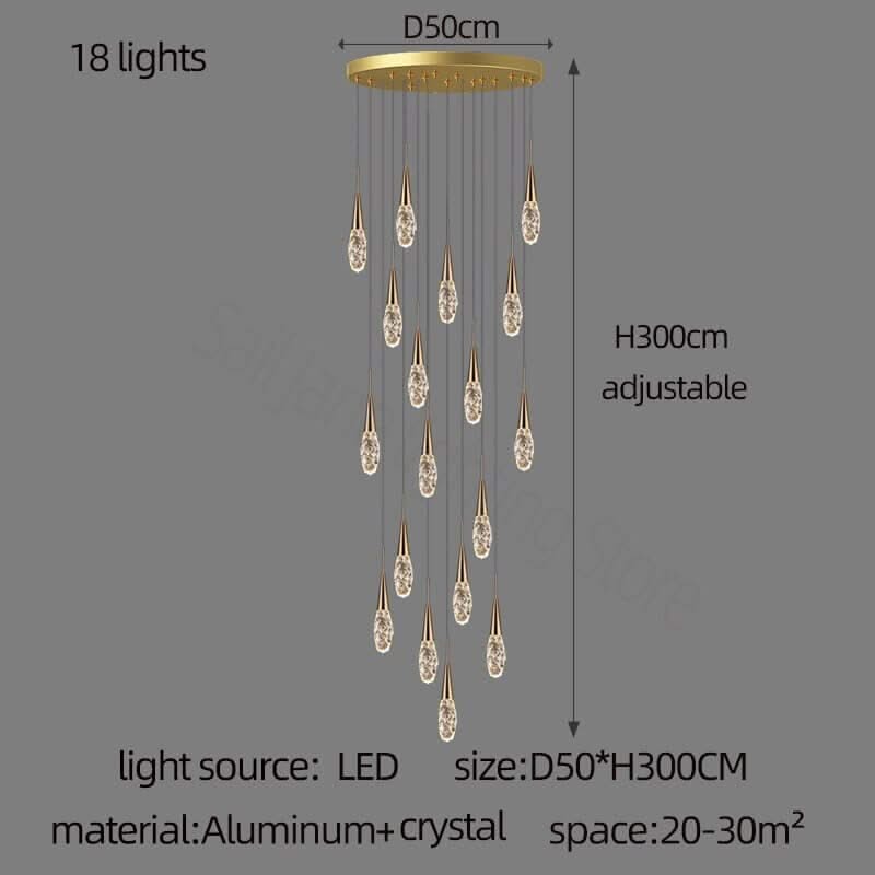 Crystal Cones Staircase Chandelier – Luxurious LED Pendant, 3 to 25 Heads, Warm, Cool & Dimmable
