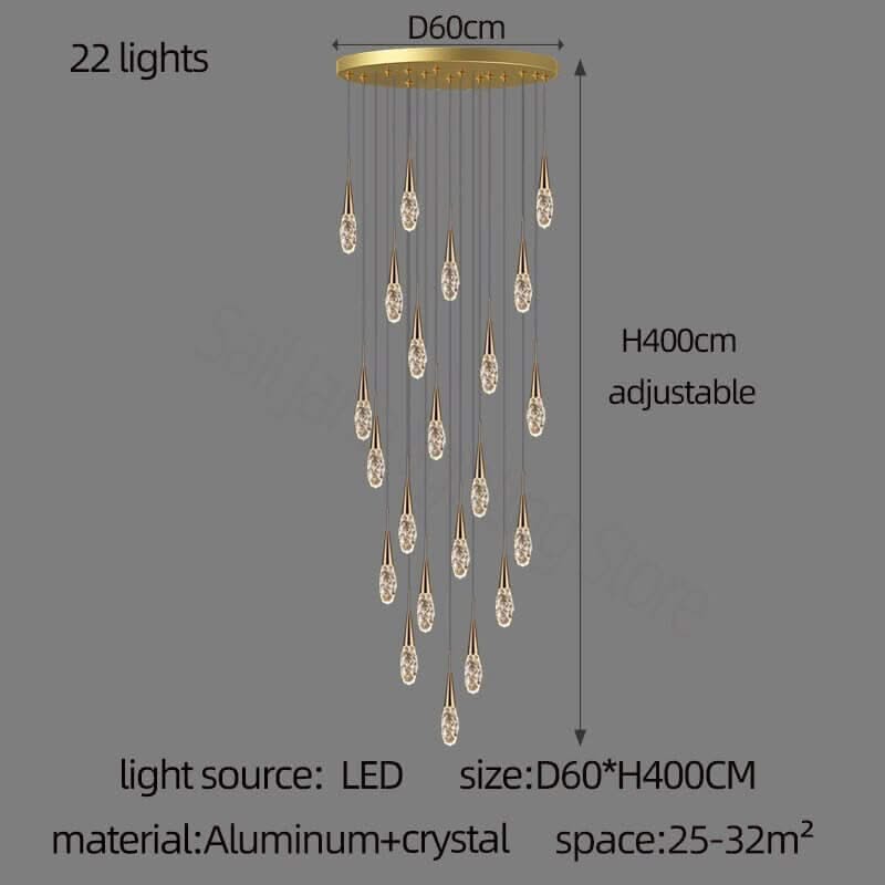 Crystal Cones Staircase Chandelier – Luxurious LED Pendant, 3 to 25 Heads, Warm, Cool & Dimmable