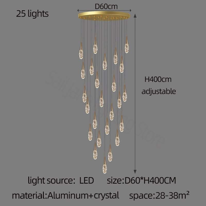 Crystal Cones Staircase Chandelier – Luxurious LED Pendant, 3 to 25 Heads, Warm, Cool & Dimmable