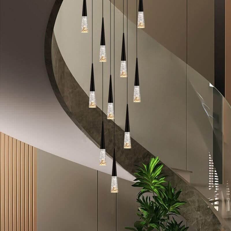 Crystal Cones Staircase Chandelier – Black or Gold, 1 to 30 Heads, 3 Colour Modes