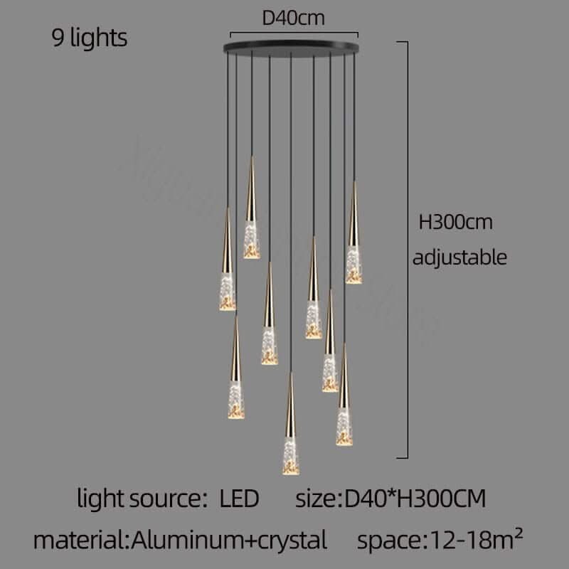Crystal Cones Staircase Chandelier – Black or Gold, 1 to 30 Heads, 3 Colour Modes