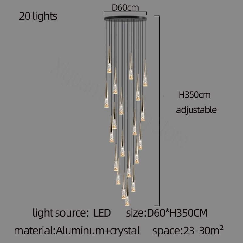 Crystal Cones Staircase Chandelier – Black or Gold, 1 to 30 Heads, 3 Colour Modes